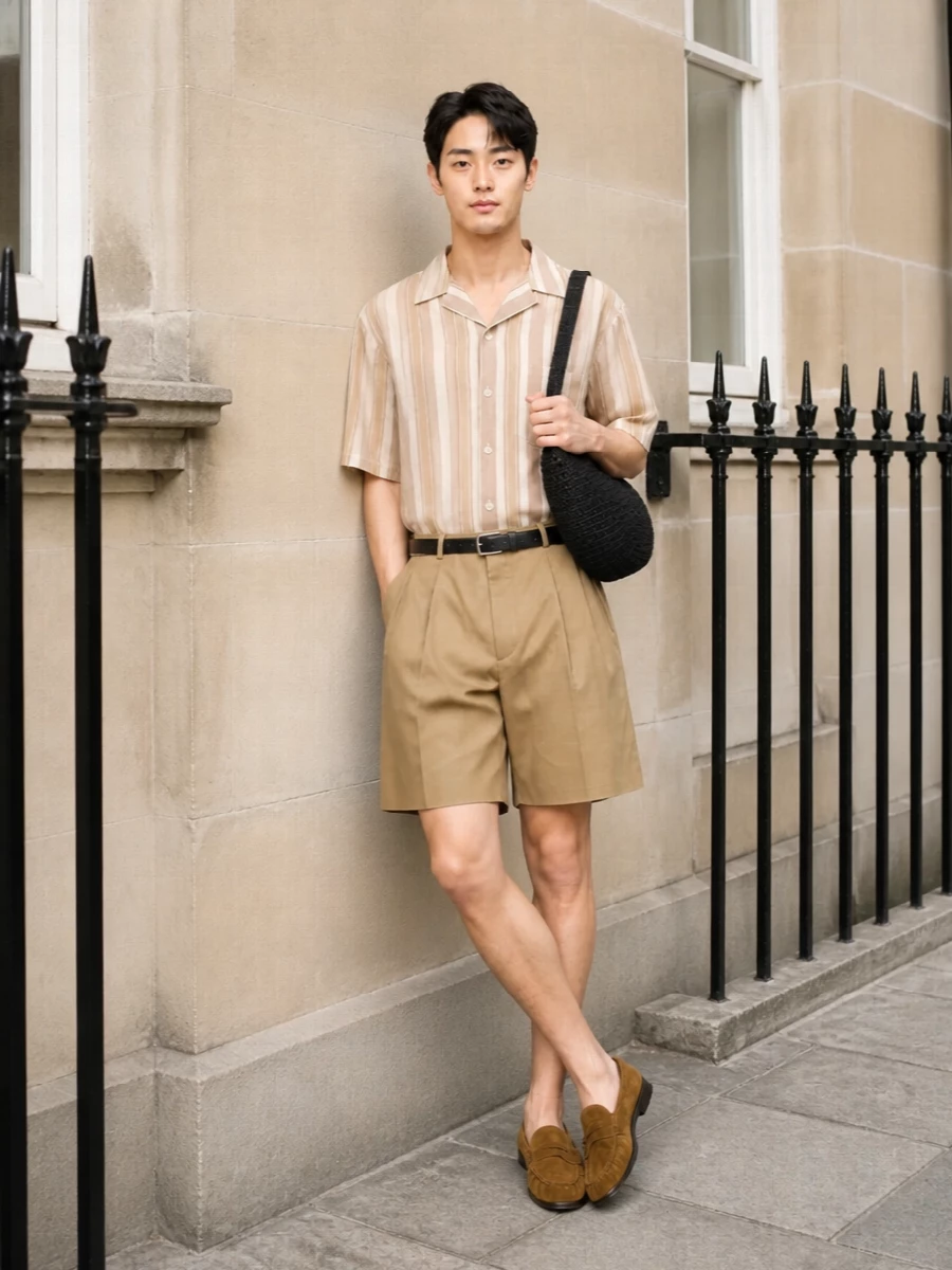 Saint laurent striped shirt camel pleated shorts