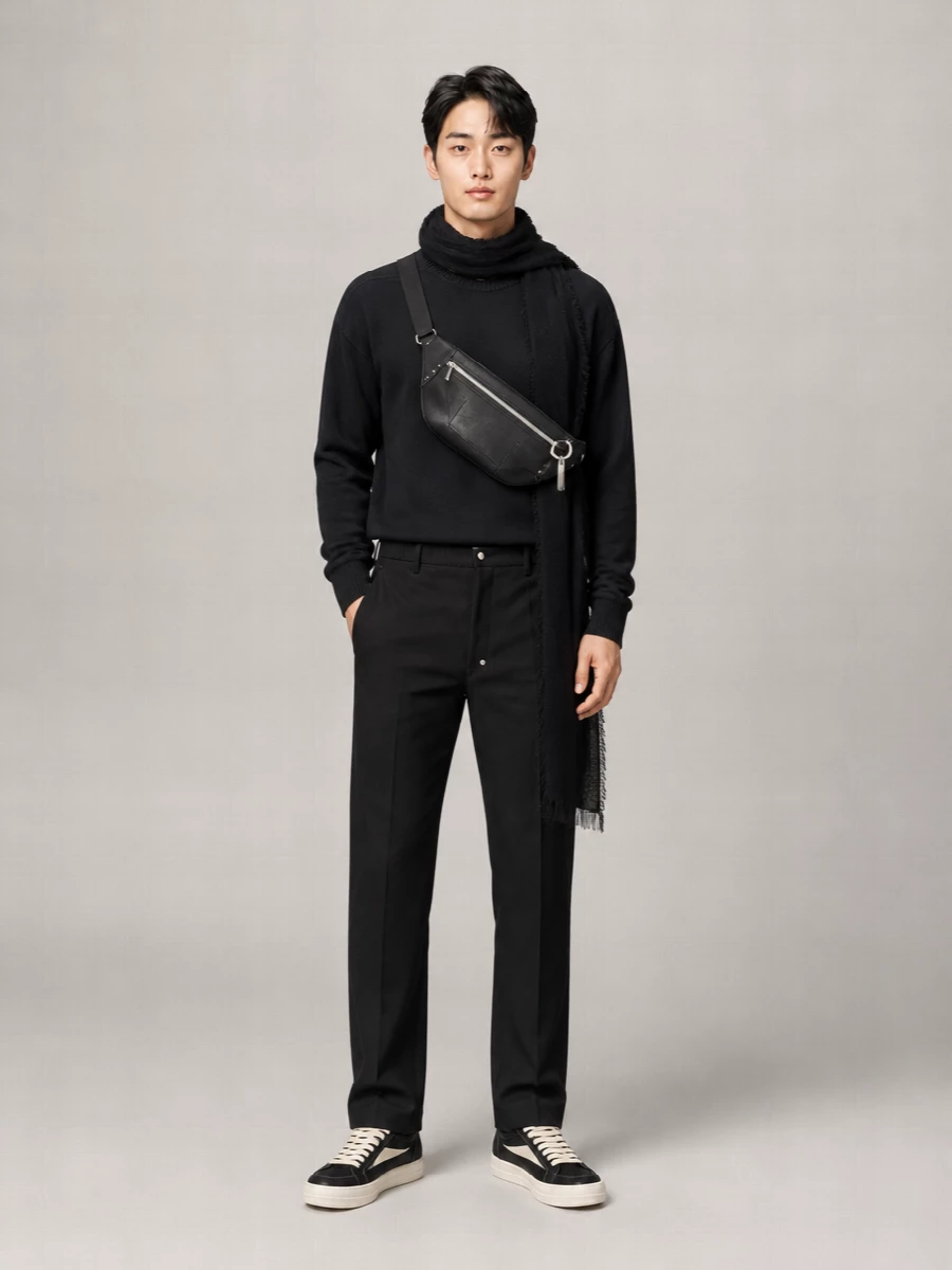 Ink-black knit over structured straight-leg trousers creates a lean, monastic base that reads both street and discreetly polished. Graphic black leather sneakers and a razor-clean belt bag keep the energy modern and functional. The inky scarf adds just enough texture and movement to stop the dark palette from feeling flat while maintaining the quiet Rick mood.