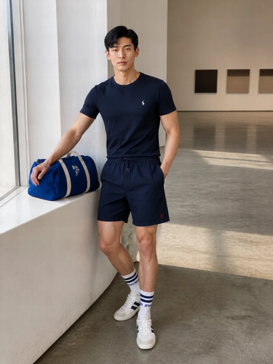 A navy Polo tee and matching deck shorts create a clean, sport-preppy set that feels relaxed but still considered. Off-white Bally court sneakers keep things sharp at the foot, while collegiate socks and a compact Polo duffle underline the easy, weekend-in-the-city energy. It is a simple, uniform-style combination you can wear from coffee run to casual lunch without changing a thing.