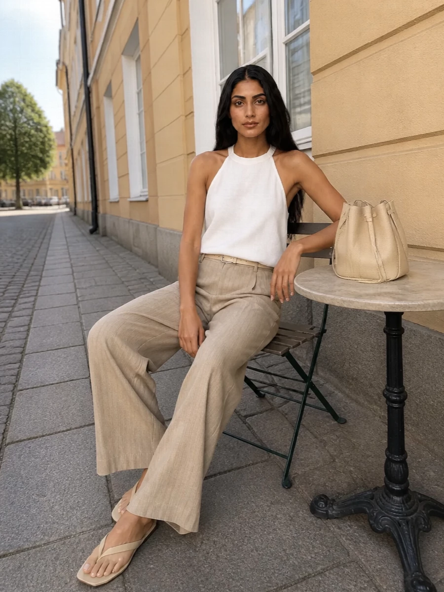 Alysi sand trousers white halter cream sandals