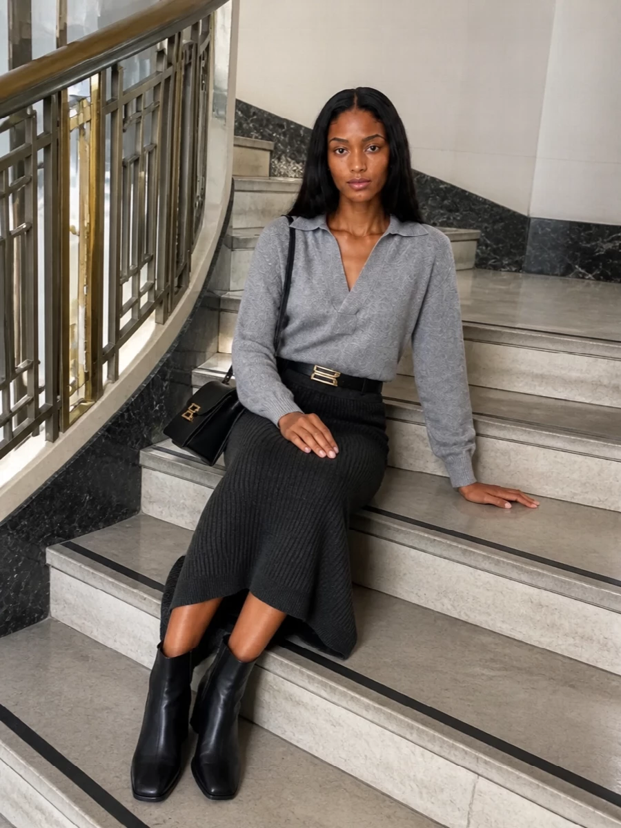 Victoria beckham grey knit charcoal midi outfit