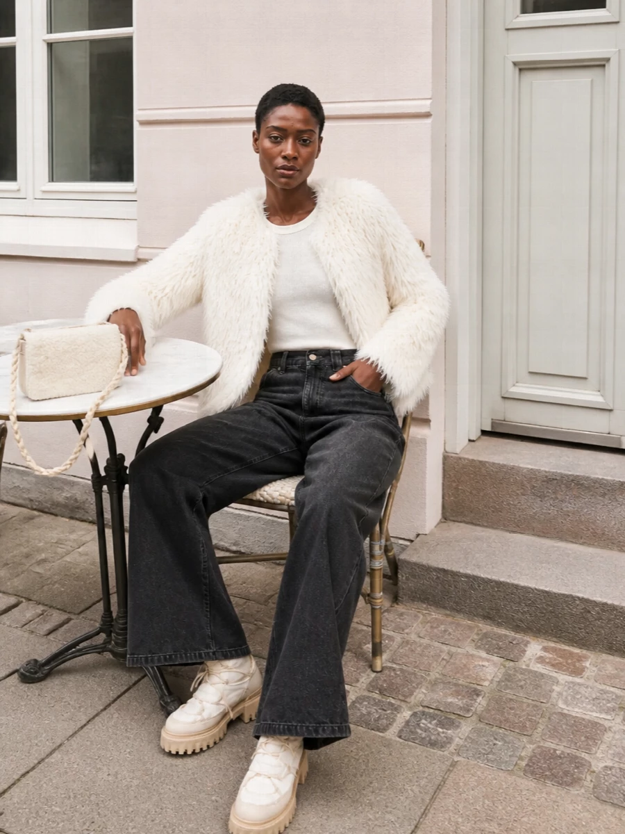 Darkpark faux fur jacket wide leg jeans outfit