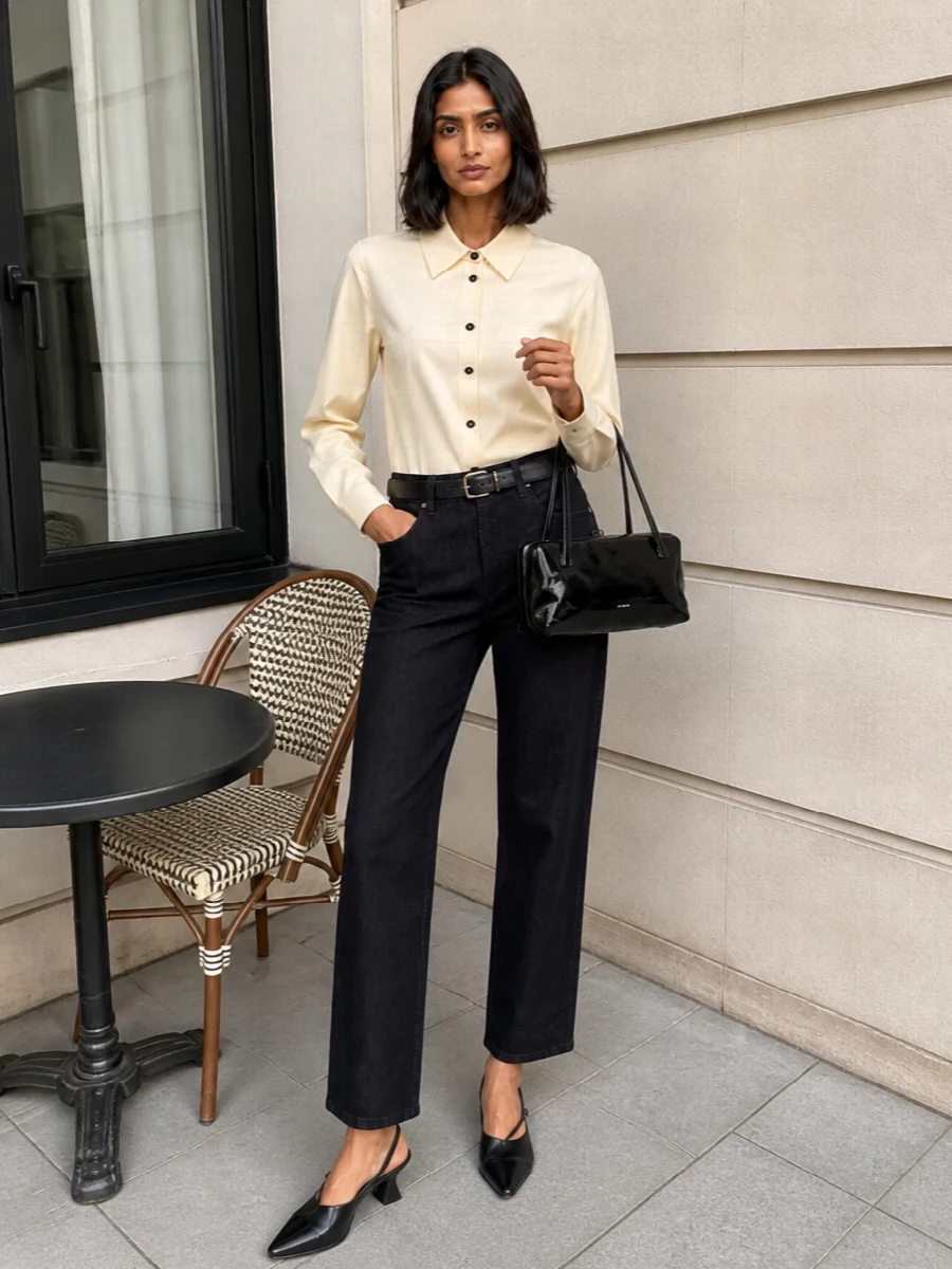 Jil sander navy jeans buttercream shirt outfit