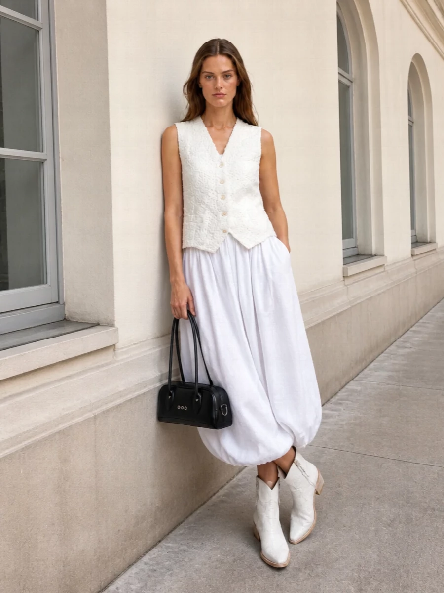 Comme des garcons white vest midi dress outfit