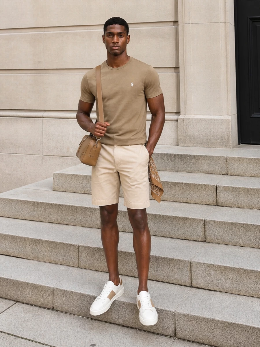 Ralph lauren camel tee stone shorts outfit