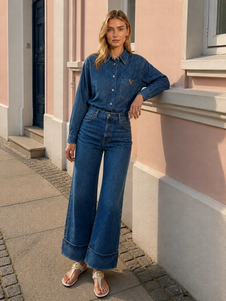 This look is an elevated take on double denim: the relaxed Valentino shirt is grounded by sculpted high-rise wide-leg jeans with a crisp cuff, creating an elongated, quietly architectural line. Off-white V-logo sandals and a cream intrecciato mini hobo keep the palette light and polished, while a sheer Valentino scarf adds a whisper of logo detail that feels perfectly in step with a minimalist, quiet-luxury SS wardrobe.