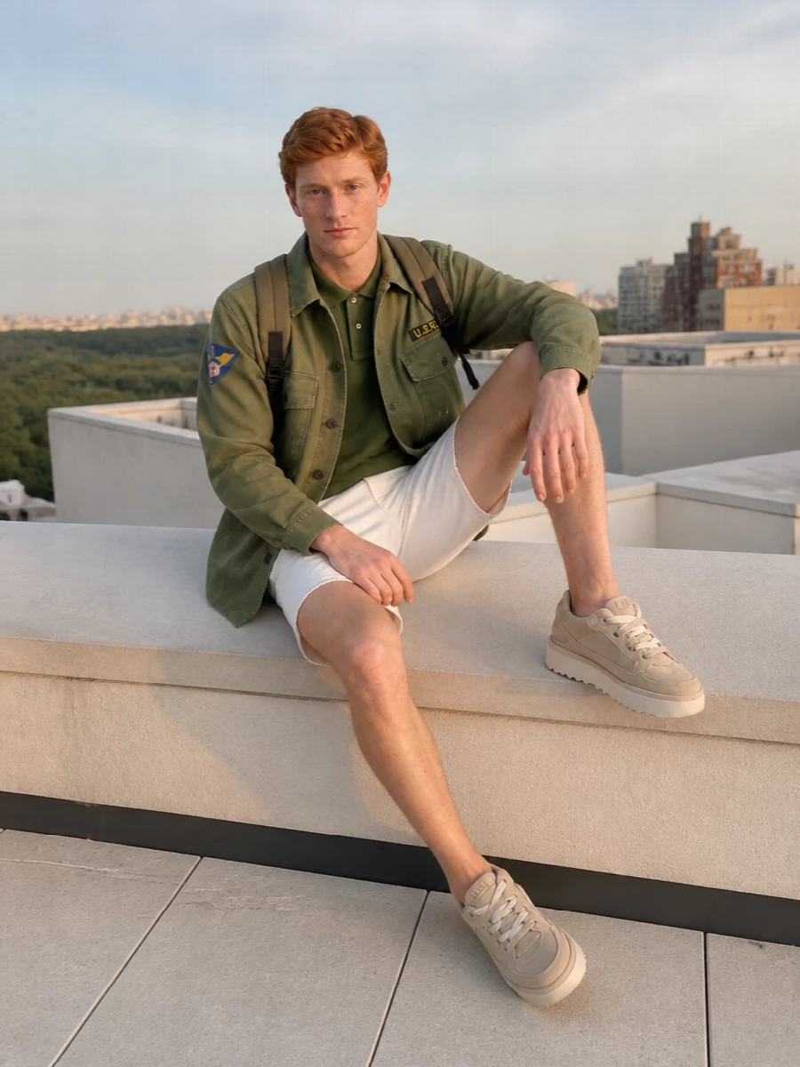 Olive-on-olive layers keep the surplus jacket anchored in its military roots, while clean off-white shorts and sand sneakers lighten the palette for city summers. The mix of Polo prep and utilitarian accessories feels relaxed but intentional, ideal for days that move between errands, terraces and casual meetups.