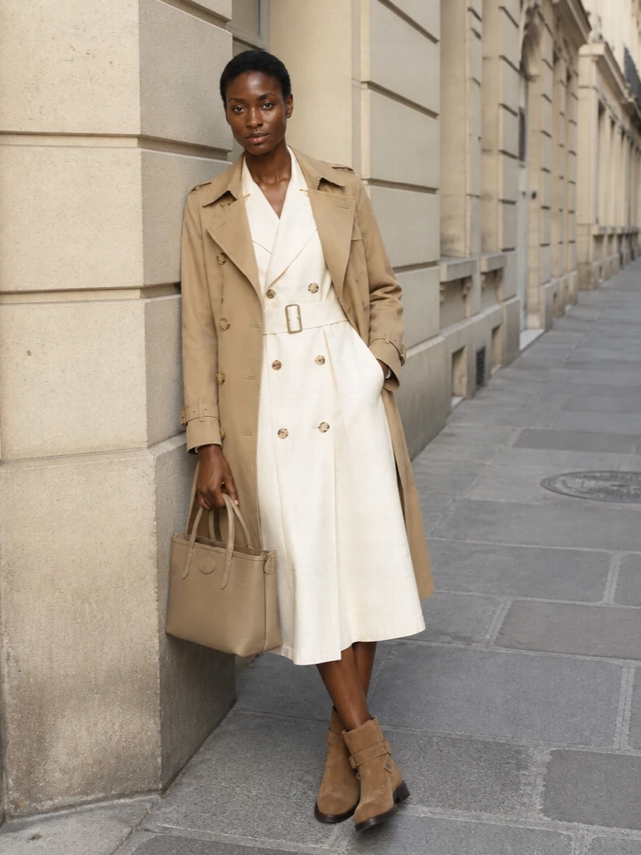Burberry camel trench ivory trench dress outfit