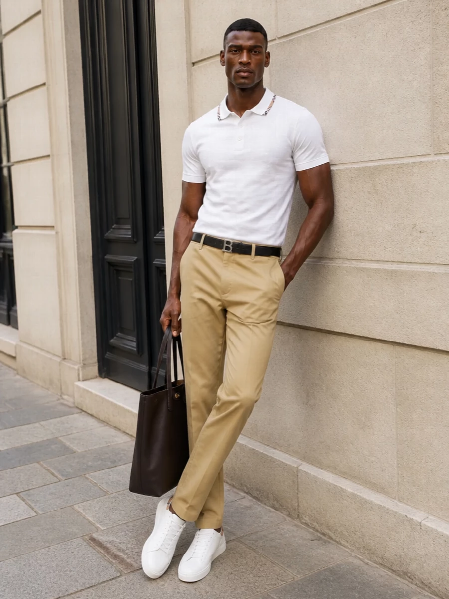 A crisp white Burberry polo is grounded with camel-beige straight-leg chinos for a clean, modern take on preppy tailoring. White low-top sneakers keep the mood relaxed yet polished, while a dark-brown leather tote and reversible TB belt introduce quiet structure and depth without disturbing the soft neutral palette. The result is an elevated SS uniform that moves effortlessly from city day to smart casual evening.