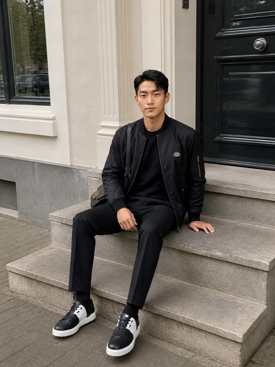 Valentino black bomber tailored trousers outfit