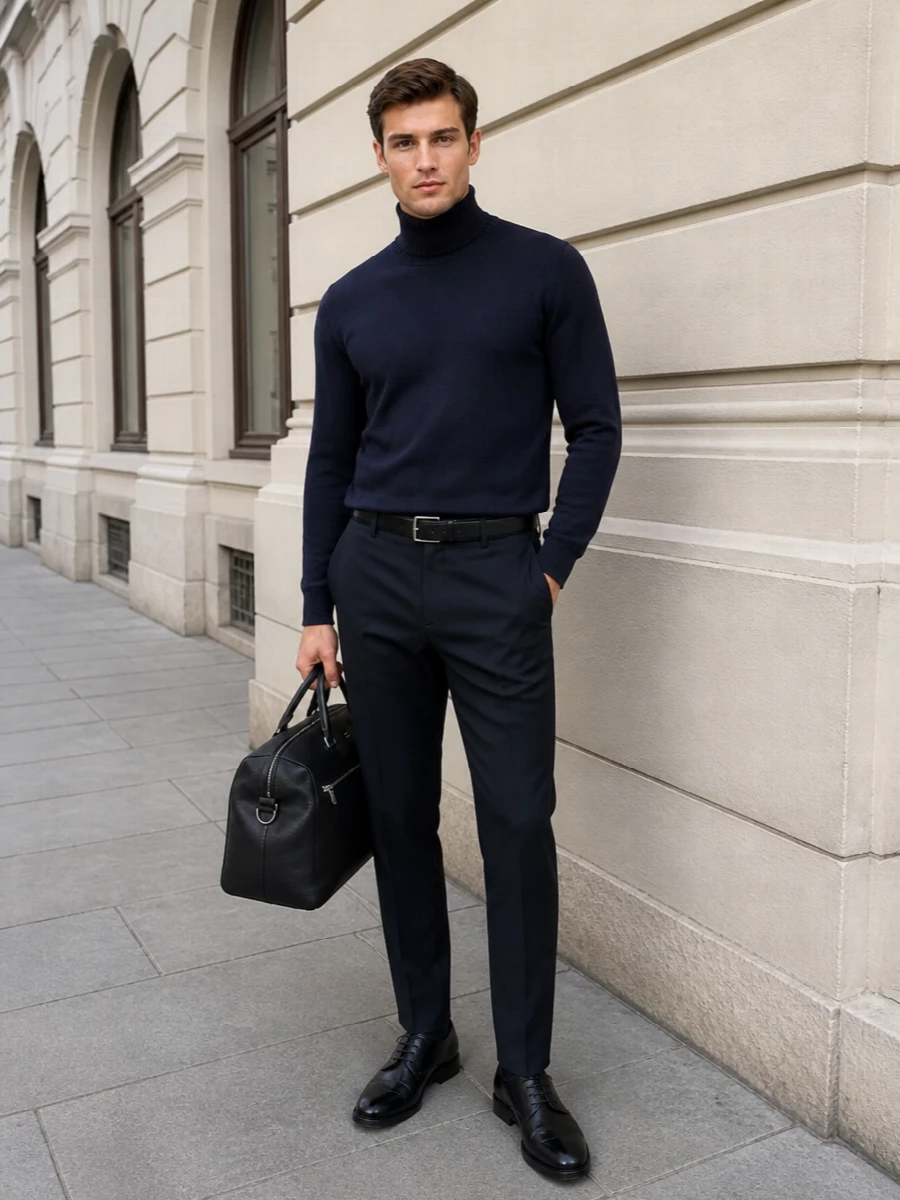 Dondup navy trousers turtleneck doucals derby