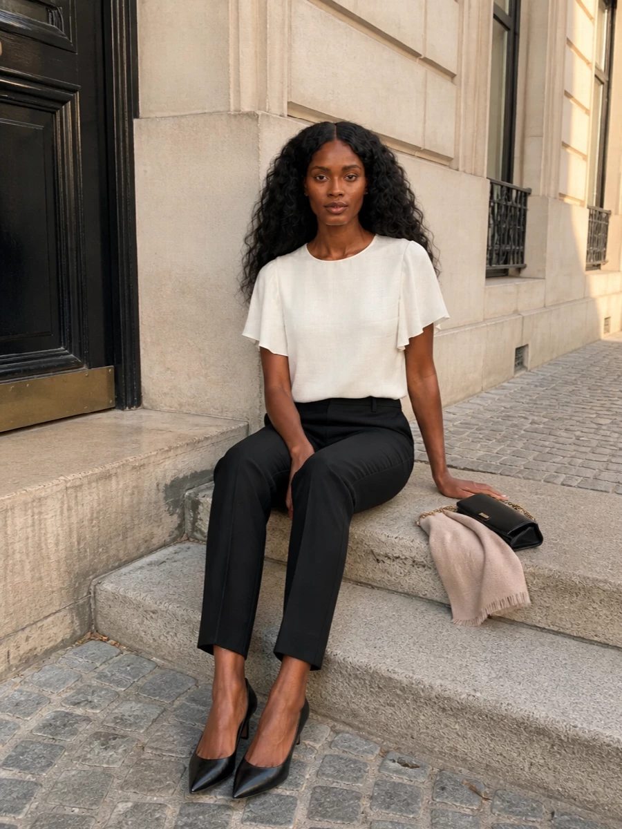 Michael kors ivory blouse black tailored trousers