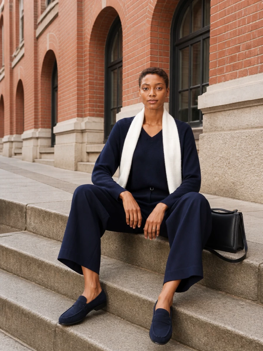 Loulou studio navy sweater wide leg trousers outfit
