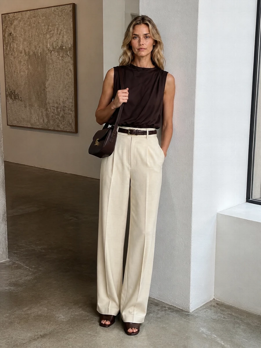A dark chocolate draped shell tops precise light beige wide-leg trousers for a quietly composed, city-ready outfit. Chocolate accessories echo the top’s depth, while the long, clean trouser line keeps everything modern and elongating. It is relaxed enough for daytime yet considered enough for low-key dinners or gallery evenings.