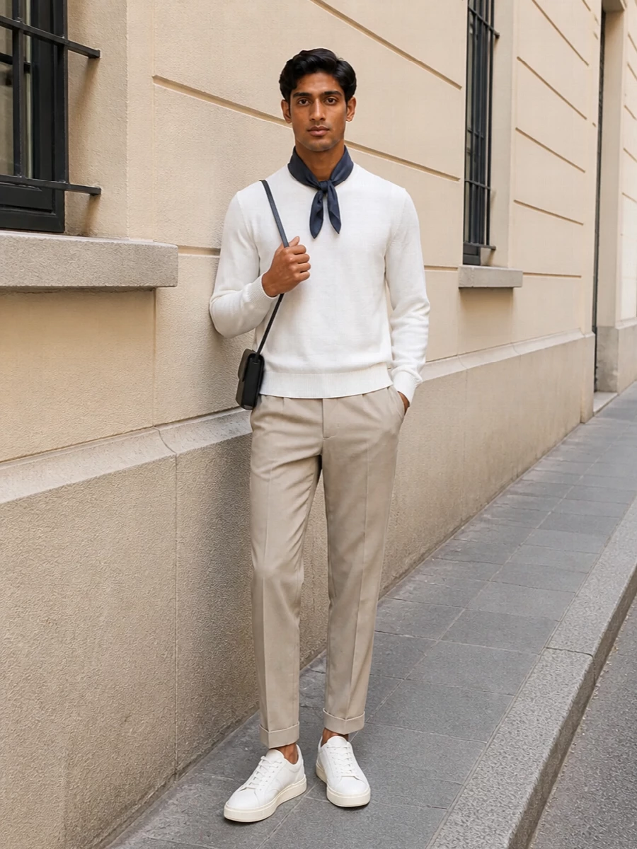 Beams plus knit pt torino beige trousers outfit