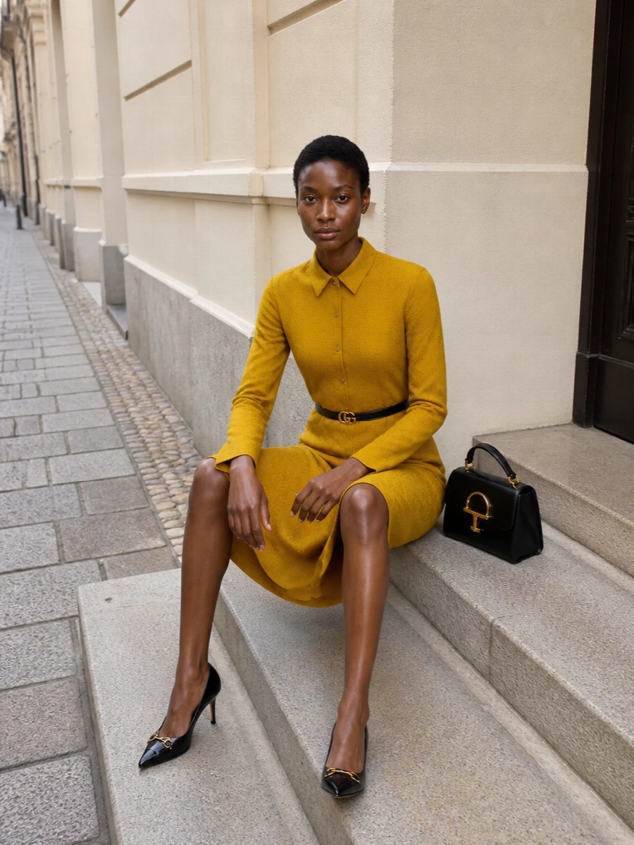 Gucci mustard midi shirt dress black pumps