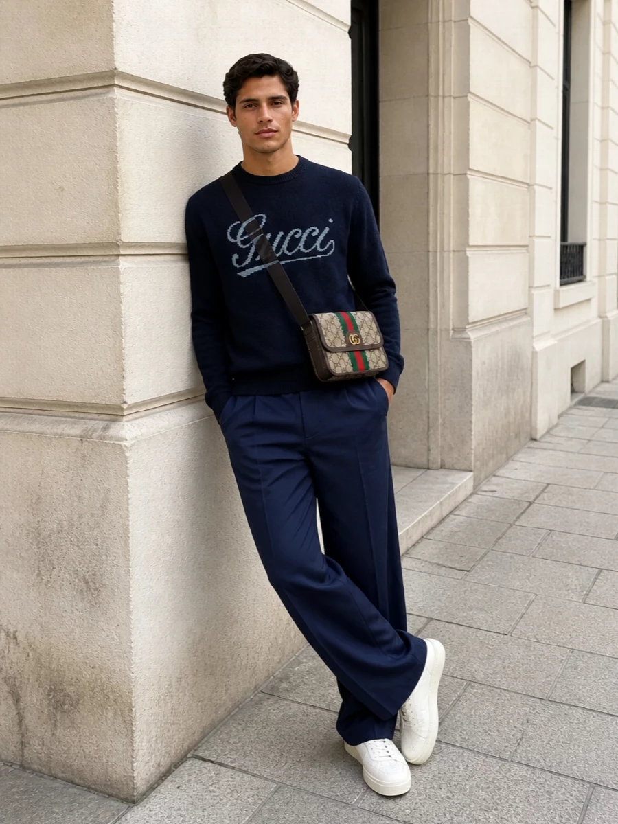 Gucci navy logo crewneck trousers outfit