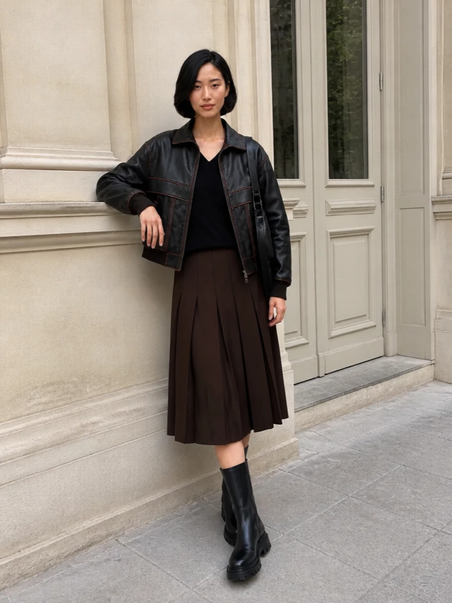 Dunst leather bomber pleated midi outfit