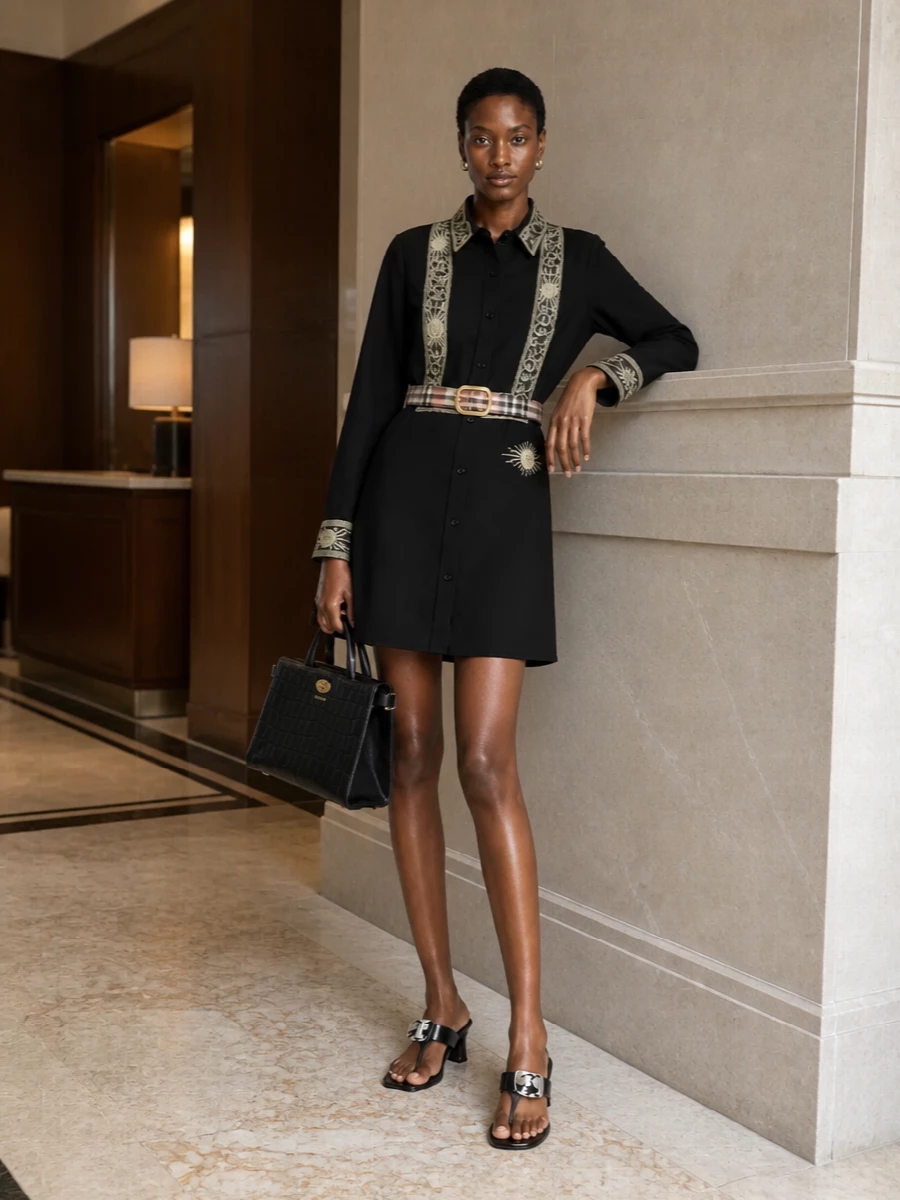 Burberry embroidered black shirt dress outfit