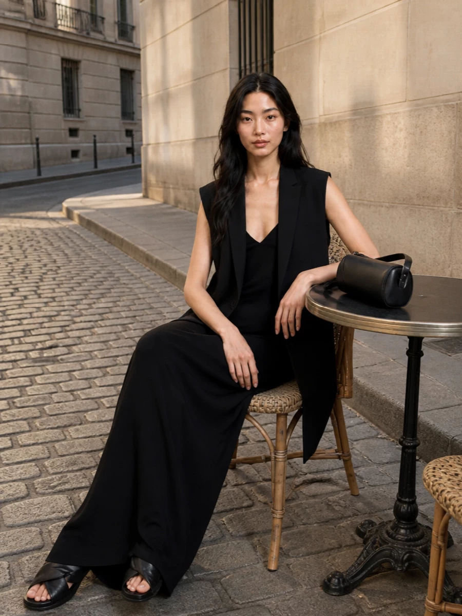 I’m anchoring this with a dress rather than top and trouser, so the waistcoat can sit over a single, unbroken black column for maximum severity and clarity. The slim Rick Owens maxi and sculptural wedges extend that vertical line, while the small The Row bag keeps everything in the same rarefied, minimalist tier. It is a gallery-dinner kind of ensemble: sharp-shouldered, elongated and almost monolithic in its restraint.