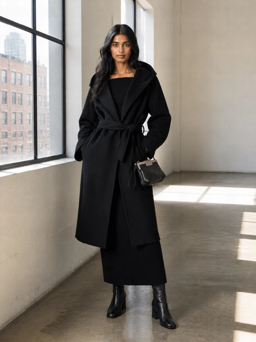 Max mara black coat knit maxi dress outfit
