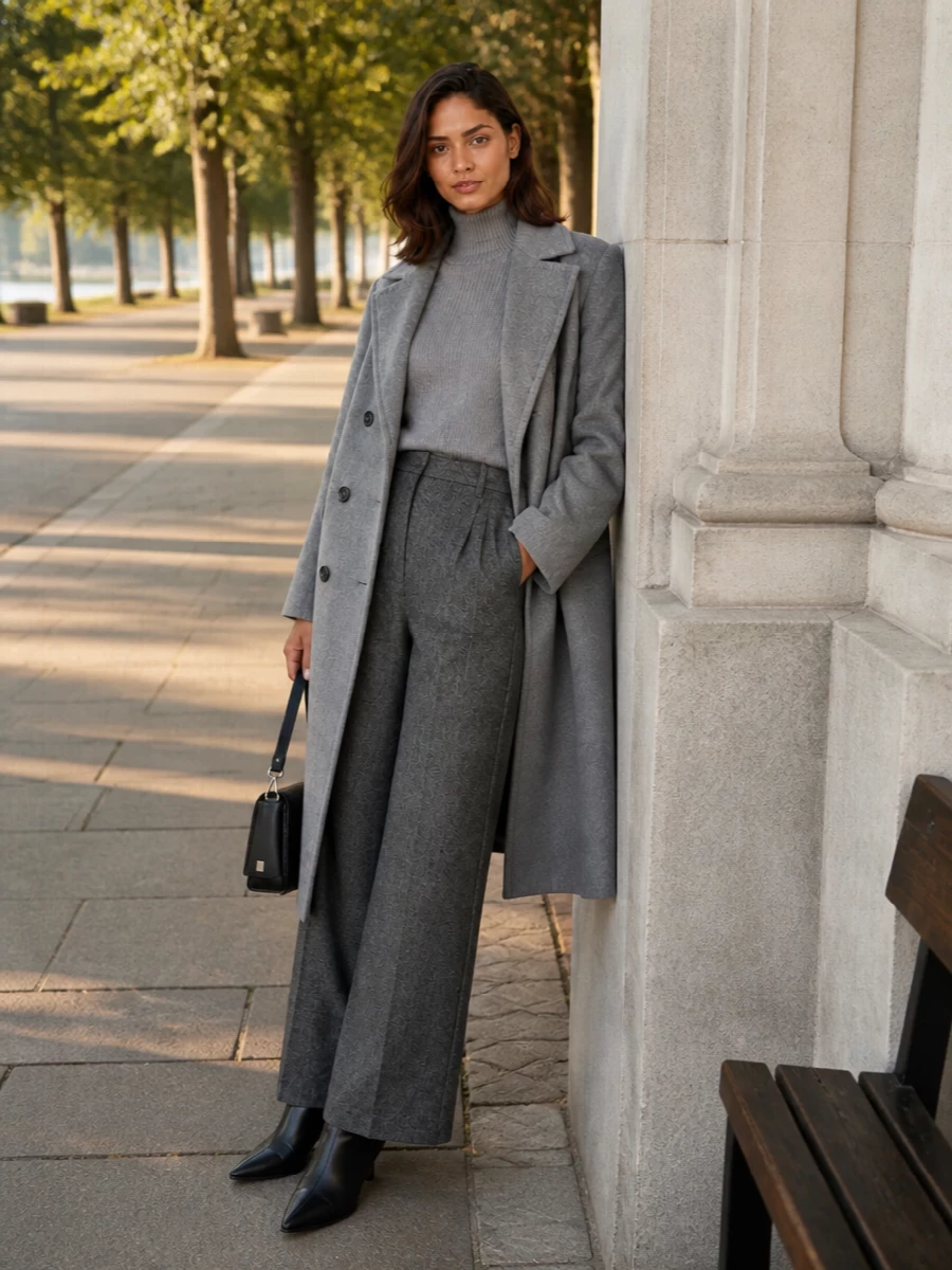 Max mara grey coat wide leg trousers outfit