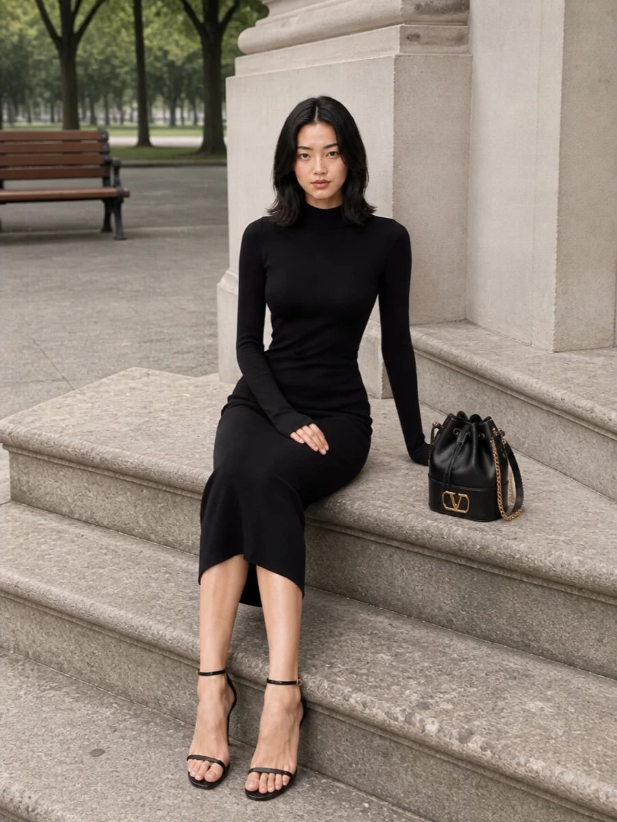 I chose the dress path with Gucci’s long-sleeve black midi to echo the Valentino bucket bag’s sculpted, minimalist glamour in a single clean column. Together with the Tom Ford stiletto sandals, it creates a polished, quietly powerful evening ensemble where black and gold details feel deliberate rather than loud. The result is a tailored yet sensual night-out option that moves easily from gallery opening to late dinner.