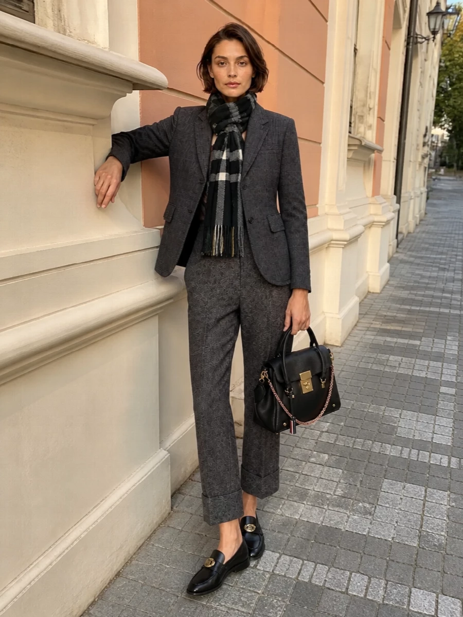 Charcoal tailoring stays front and center here, with the checked blazer paired to a heathered cropped trouser for a disciplined, modern uniform. A black low-heel loafer and structured top-handle keep the line sharp but wearable all day, while a tonal check scarf adds just enough texture and warmth for colder city mornings.