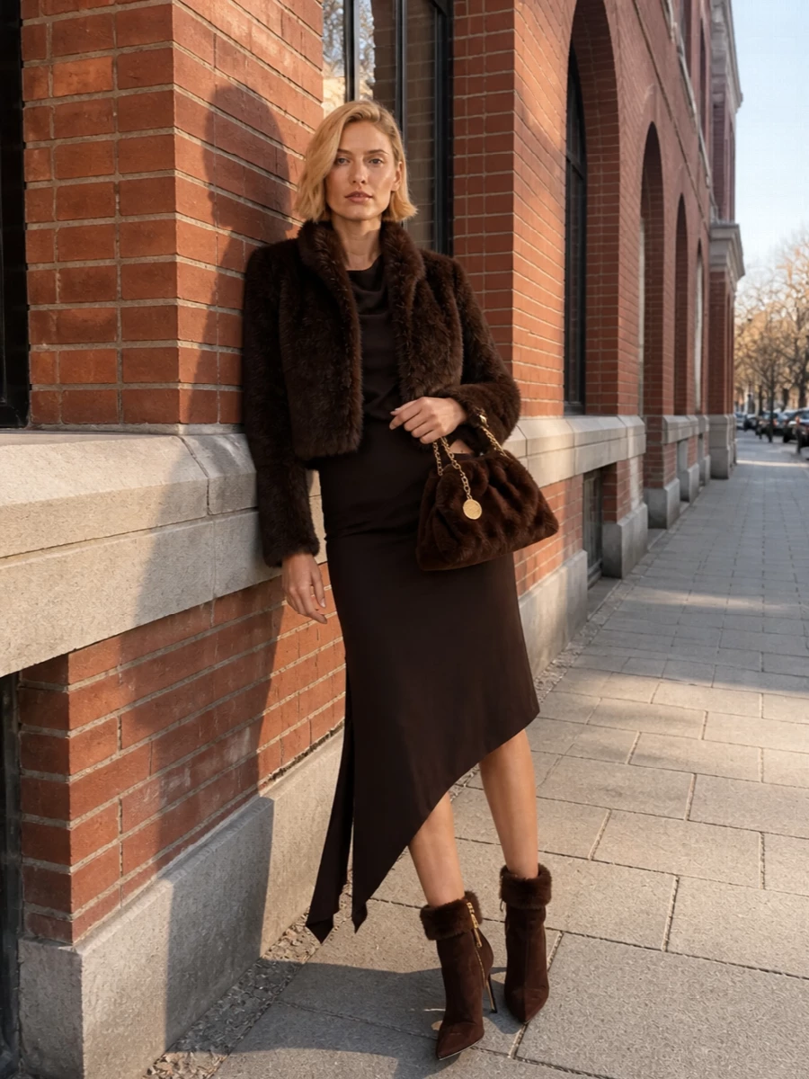 Courreges chocolate midi dress faux fur coat