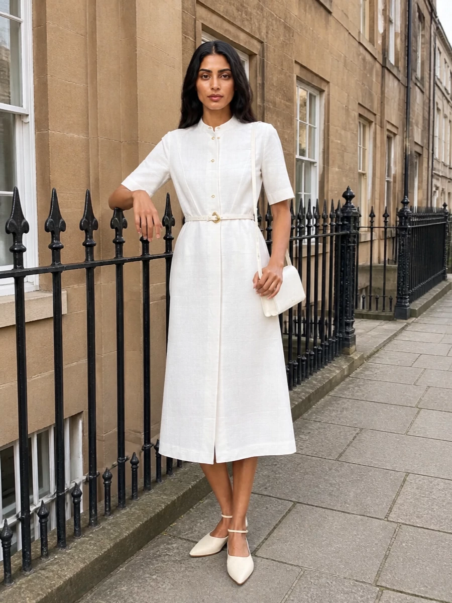 Jil sander white shirt dress outfit flats