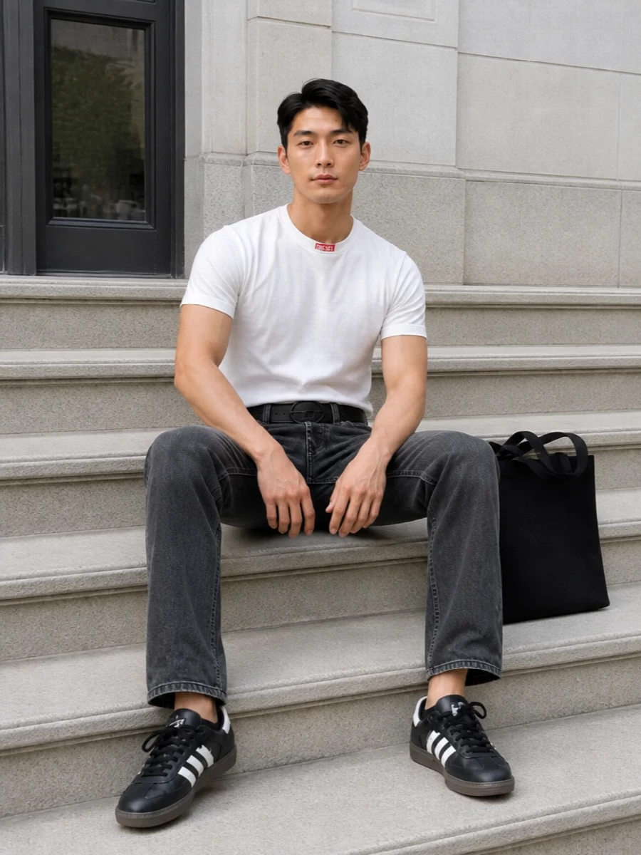 Diesel white tee charcoal jeans adidas sneakers