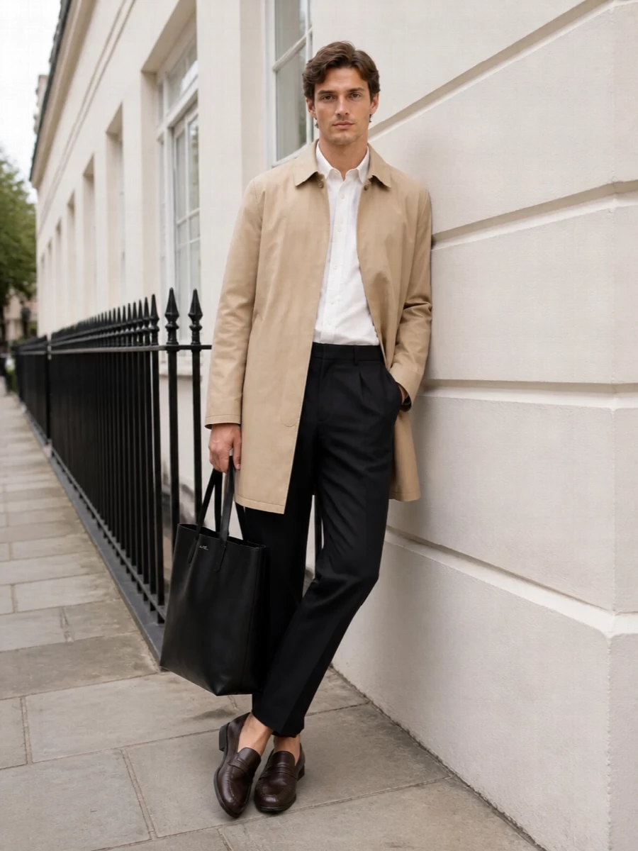 Apc camel car coat navy trouser outfit