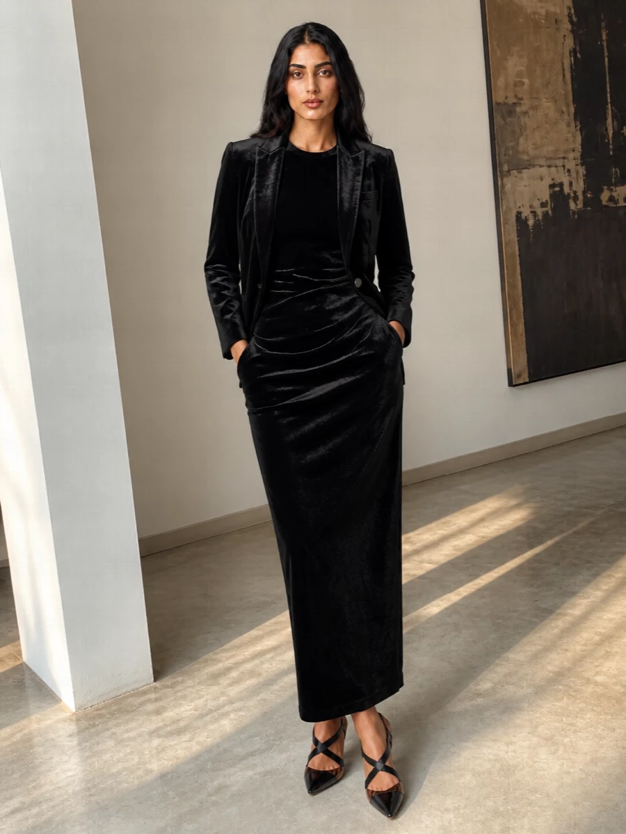Dondup velvet blazer black maxi dress outfit