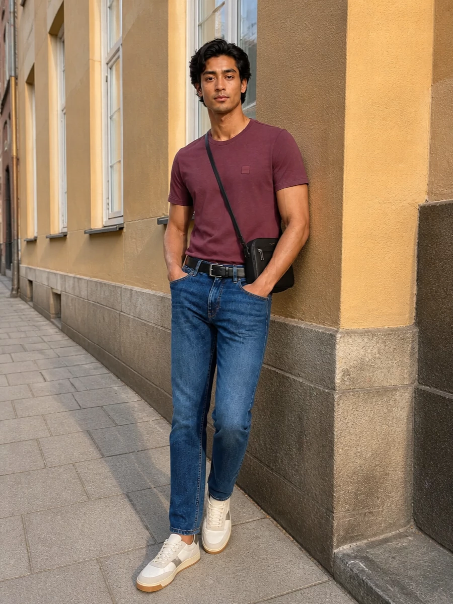 Boss burgundy t shirt slim indigo jeans outfit
