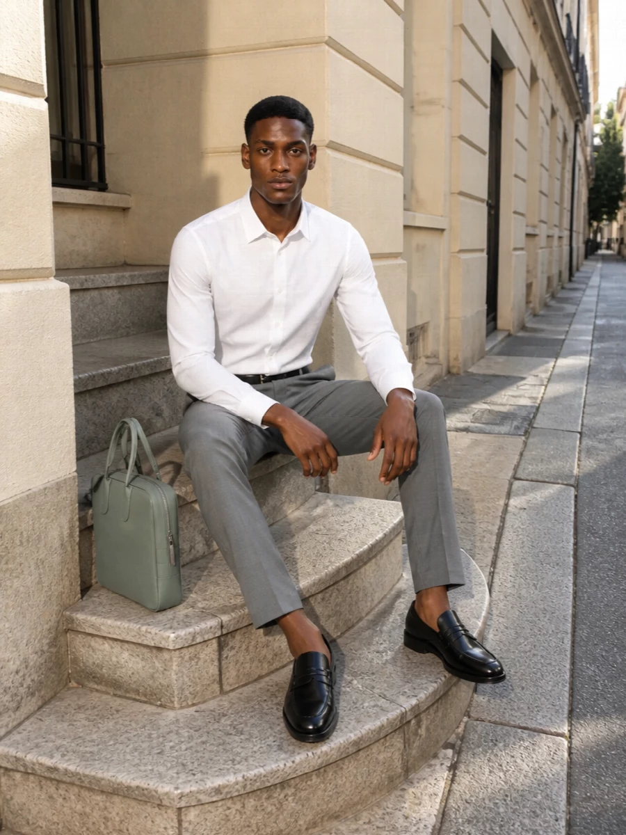 Ami paris grey trousers white shirt outfit