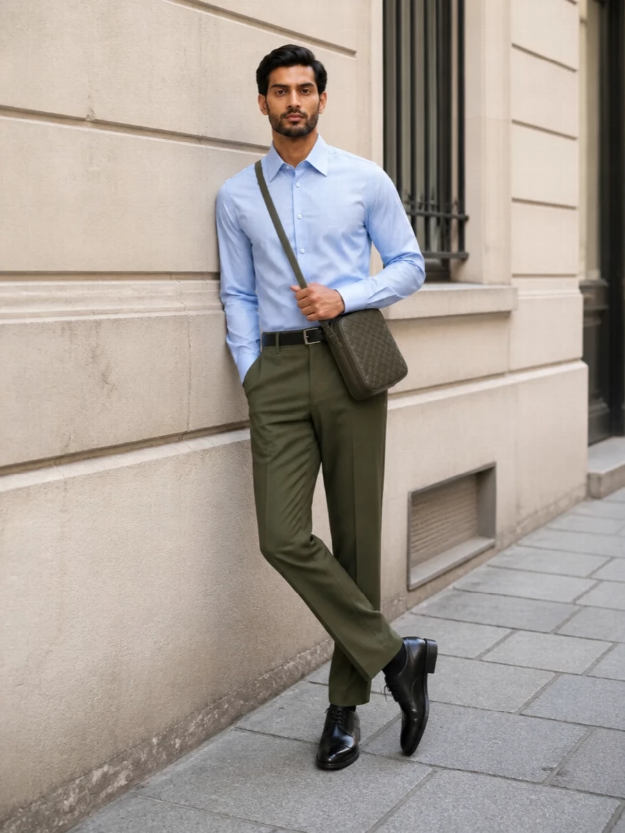 Olive Valentino chinos are elevated with a crisp light-blue spread-collar shirt for a quietly polished, modern uniform. Black derbies and a textured black belt sharpen the tailoring, while the compact olive Bottega crossbody echoes the trouser tone for a cohesive, minimal FW palette. The result is a refined, city-ready look that feels luxurious yet effortlessly understated.