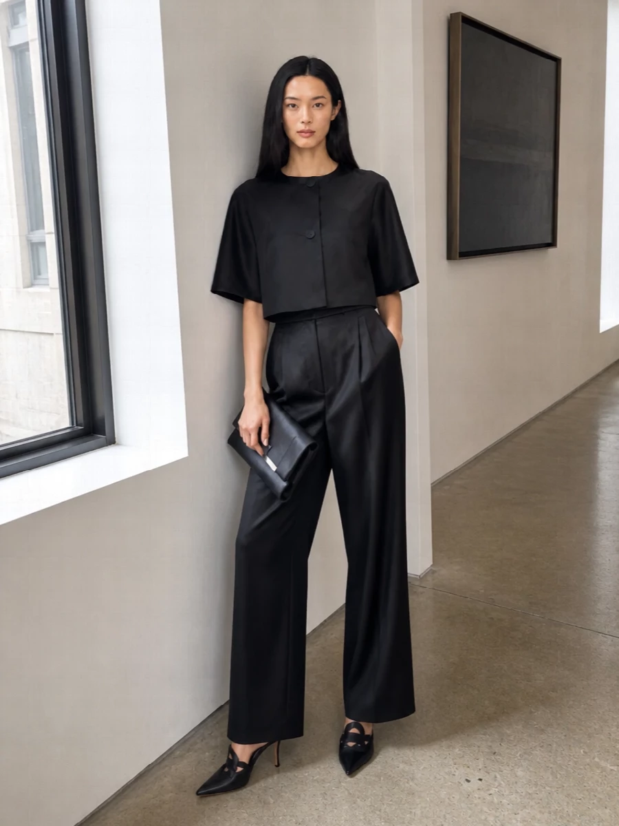 Max mara black cape top wide leg trousers outfit
