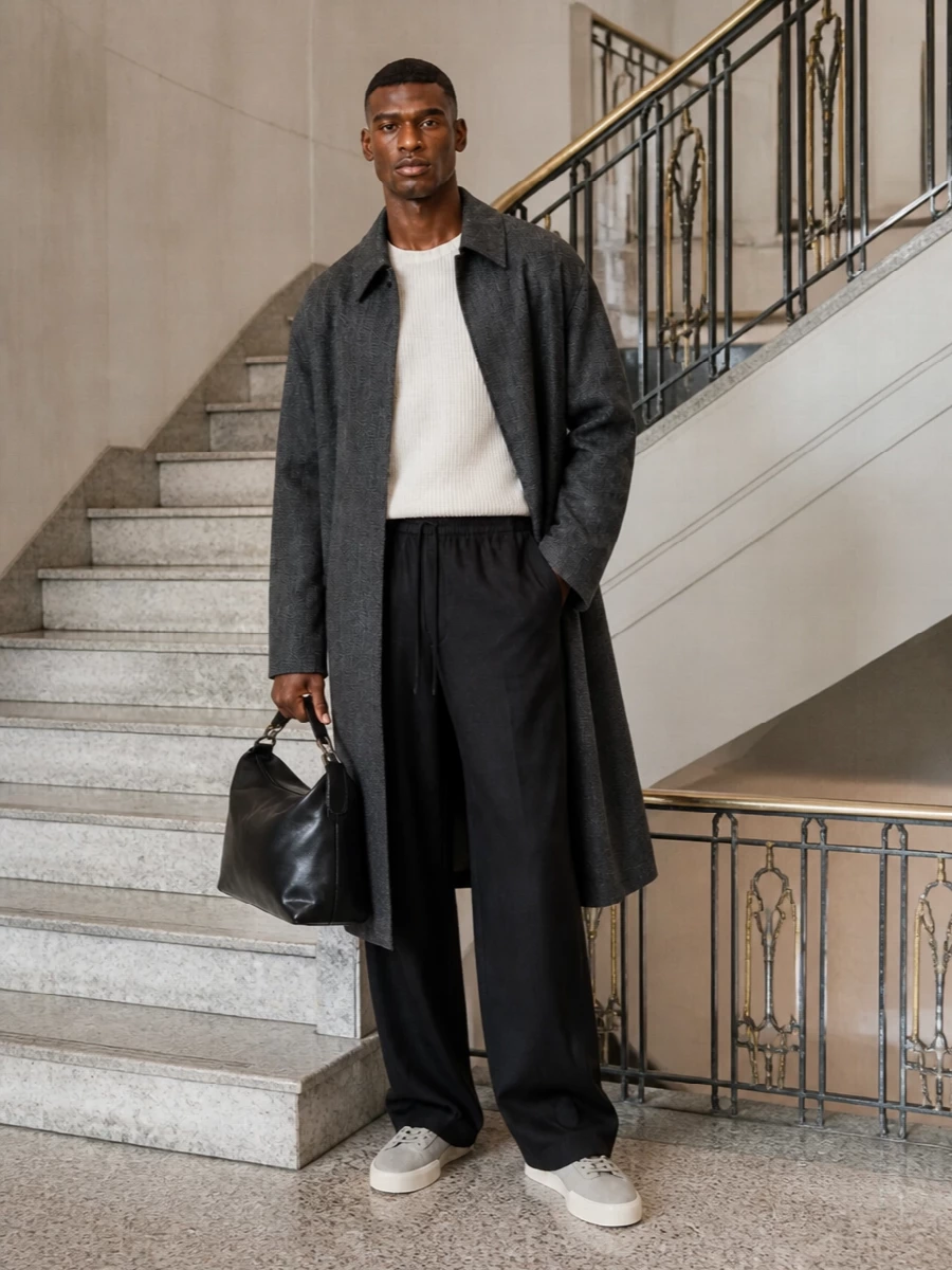 Fear of god charcoal coat wide trousers outfit