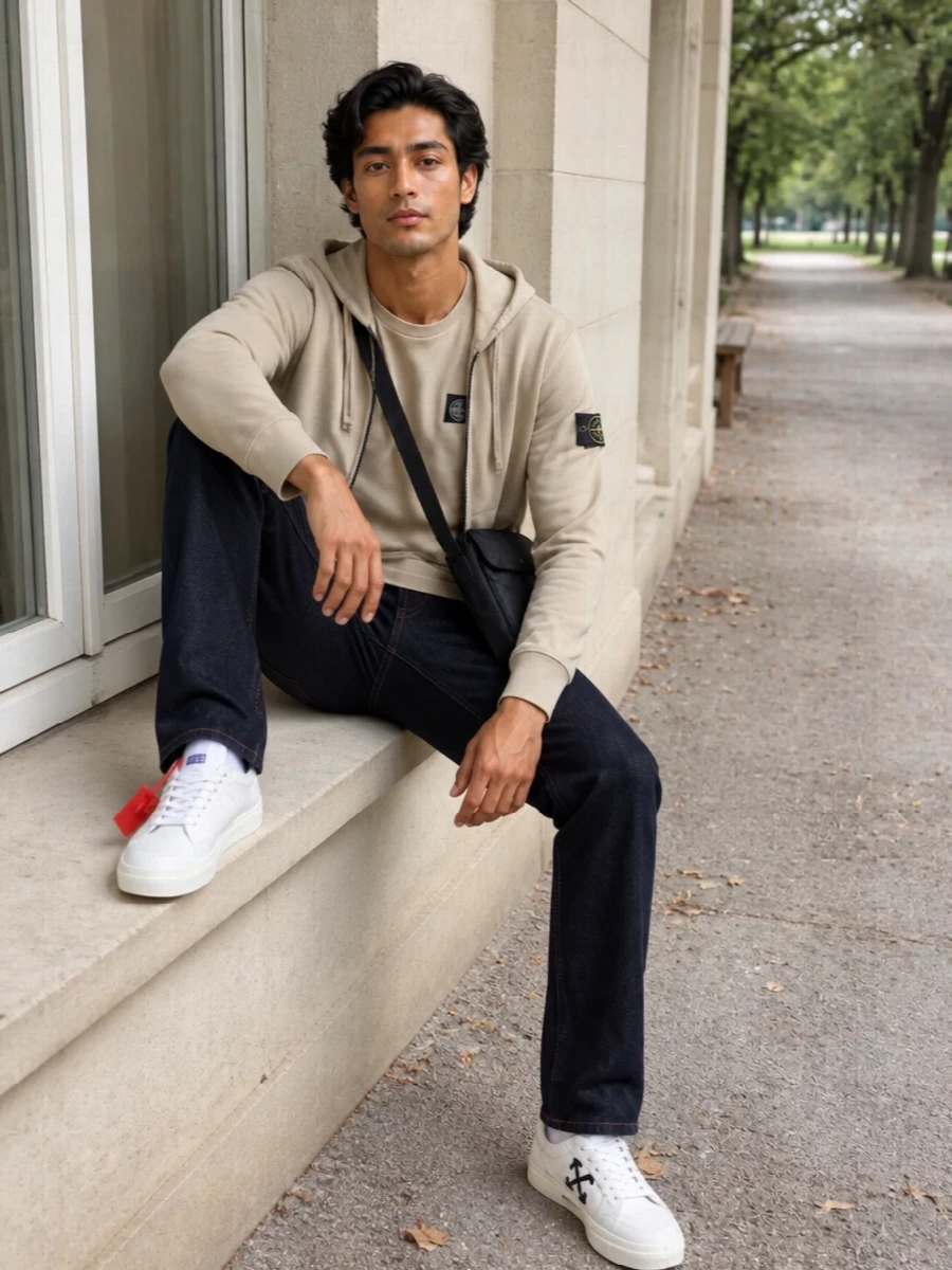 Stone Island sand-on-sand layering meets raw indigo denim for a clean, technical take on off duty. The Off-White sneakers and compact crossbody keep it graphic but controlled, all in a tight stone, black and indigo palette. It is built for city days that run long, relaxed in feel but precise in proportion and branding.