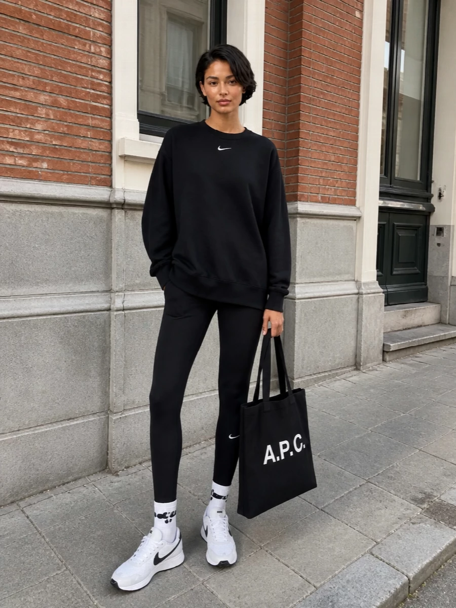 Head-to-toe black Nike is cut close on the leg and relaxed through the torso, giving that clean, sport-led line that feels deliberate rather than casual. White runners and soft off-white socks echo the small Swoosh on the sweatshirt, while the A.P.C. tote adds a graphic city note so you can move straight from studio to errands without changing a thing.