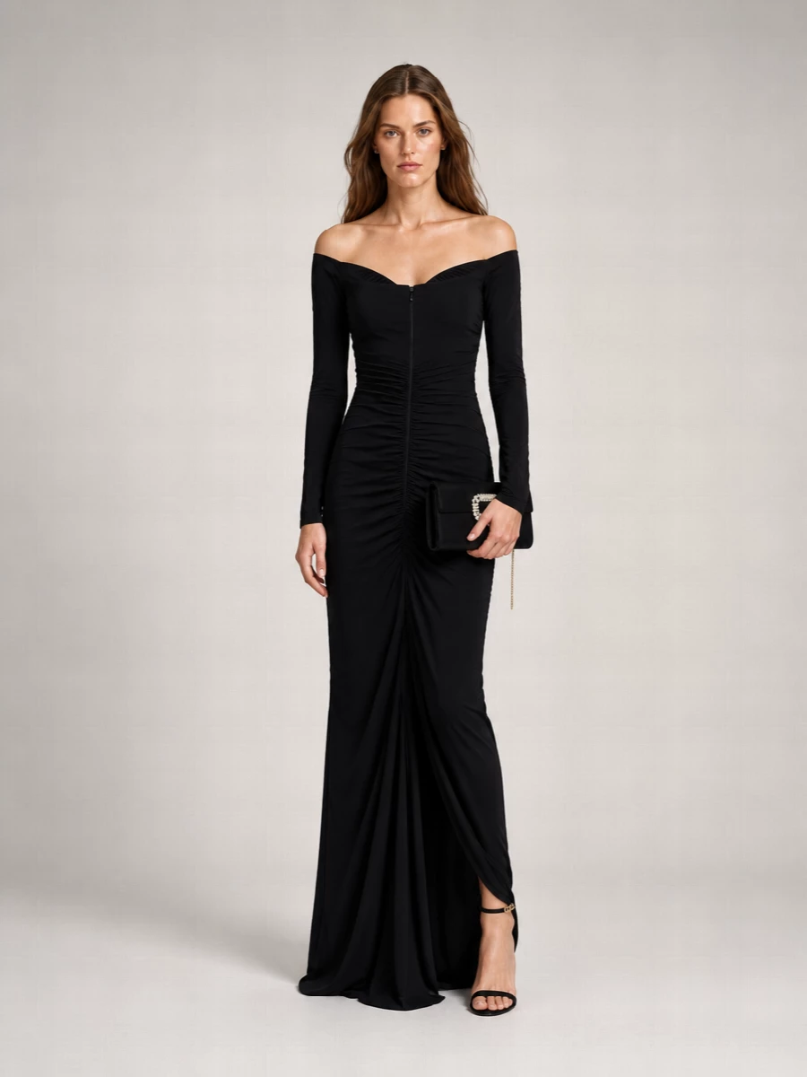 Elisabetta Franchi Off-Shoulder Long-Sleeve Maxi Dress