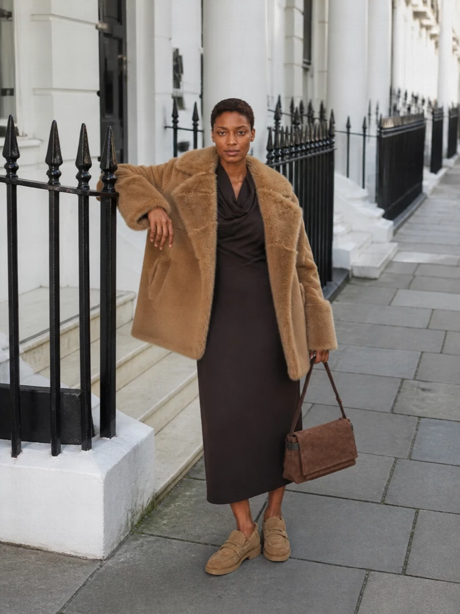 Brunello cucinelli knit dress camel faux fur coat