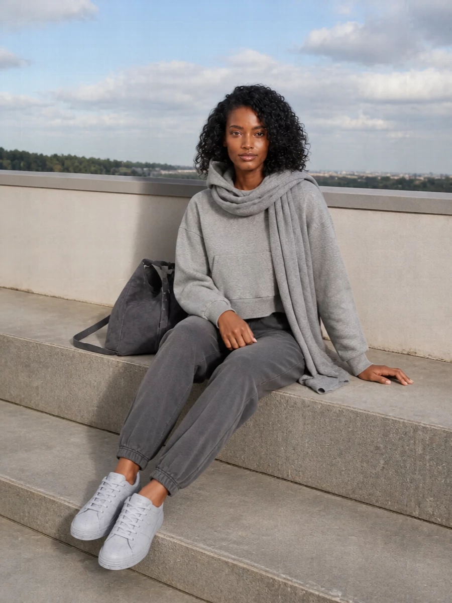 A cropped heather-grey hoodie pairs with washed charcoal joggers for a tonal, off-duty set that feels considered rather than slouchy. Speckled grey Y-3 sneakers keep the lines clean and urban, while a charcoal suede hobo and soft grey scarf introduce just enough texture to make the monochrome palette feel rich and intentional. The result is a quietly sharp streetwear uniform for travel, errands or studio days in colder weather.
