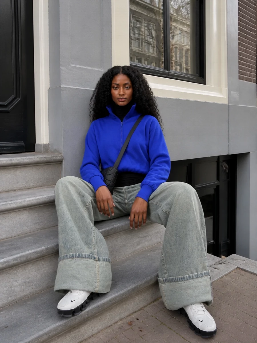 Entire studios cobalt jacket wide leg jeans outfit