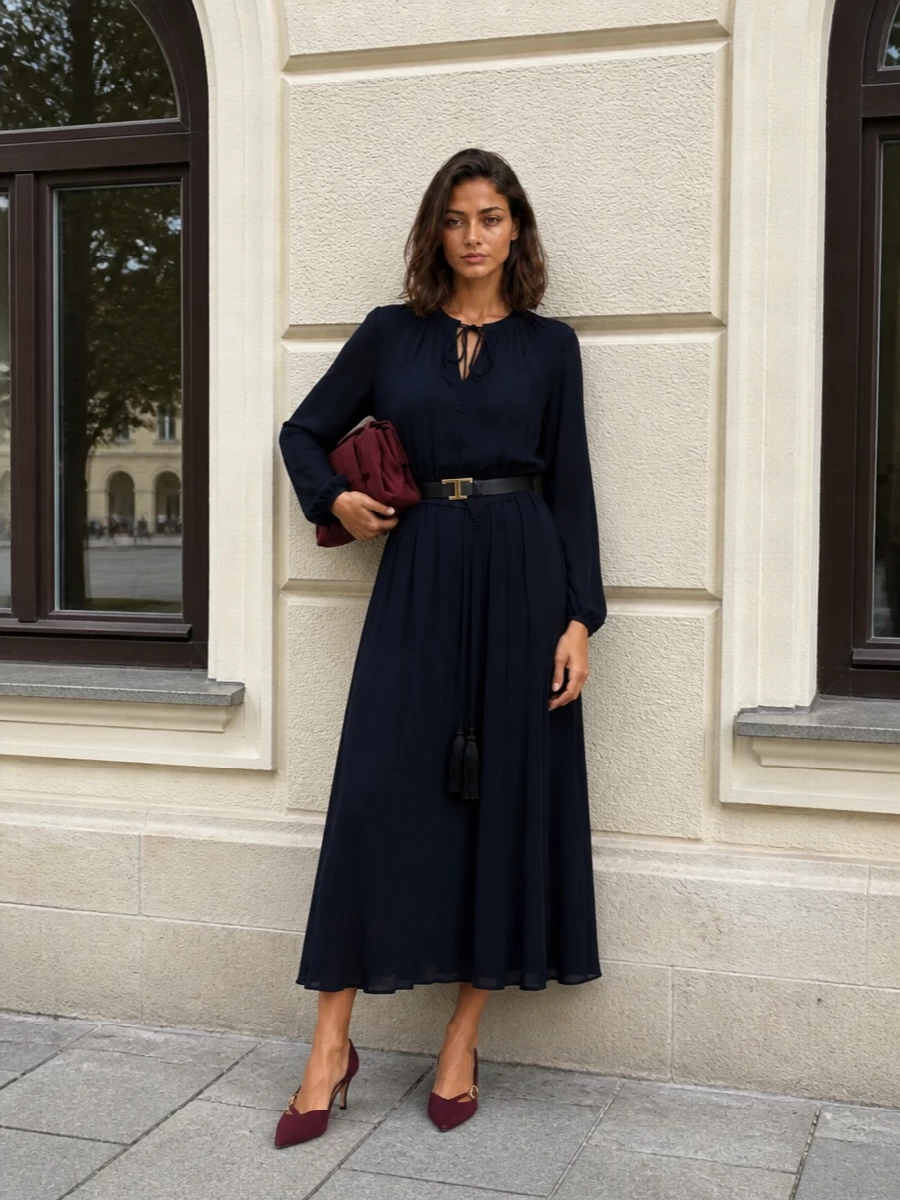 Forte forte navy dress ferragamo wine pumps