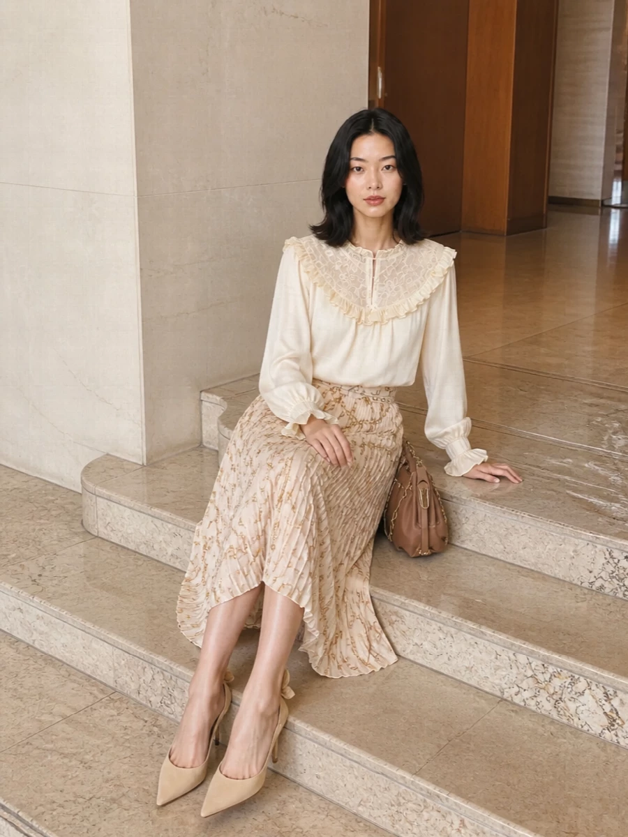 Zimmermann pleated midi skirt lace blouse outfit