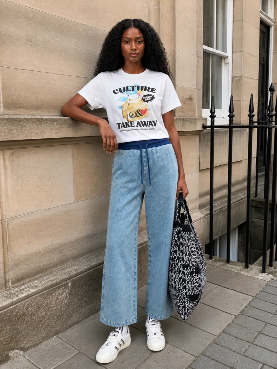 This is relaxed graphic streetwear built around the tee, with soft wide-leg track-style pants keeping the mood easy and modern. Off-white sneakers and a bold black and white tote echo the print without adding noise. The striped socks tuck a quiet sport detail into an otherwise clean, logo-driven mix.