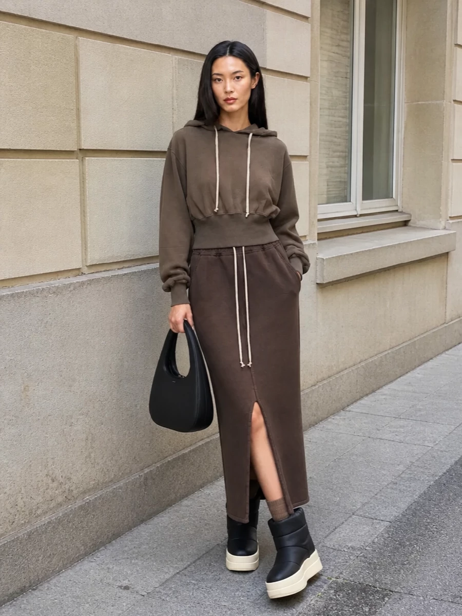 Rick owens drkshdw hoodie column skirt outfit