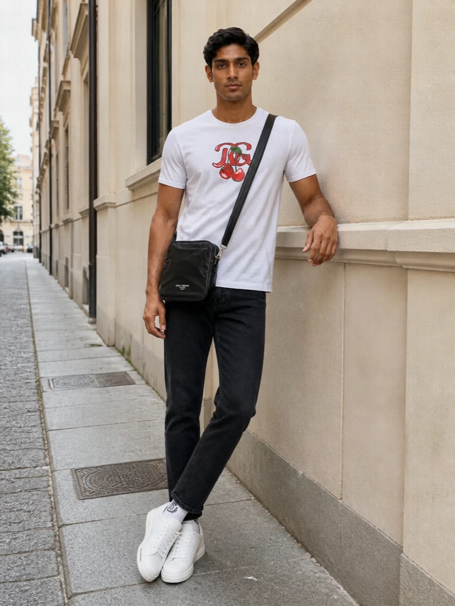 A soft-white graphic tee sits against clean washed-black denim for a pared-back streetwear mood that still reads refined. Crisp white low-top sneakers keep the palette light and focused on the upper, while a compact black crossbody and tonal socks add just enough structure for city days without diluting the minimal attitude.