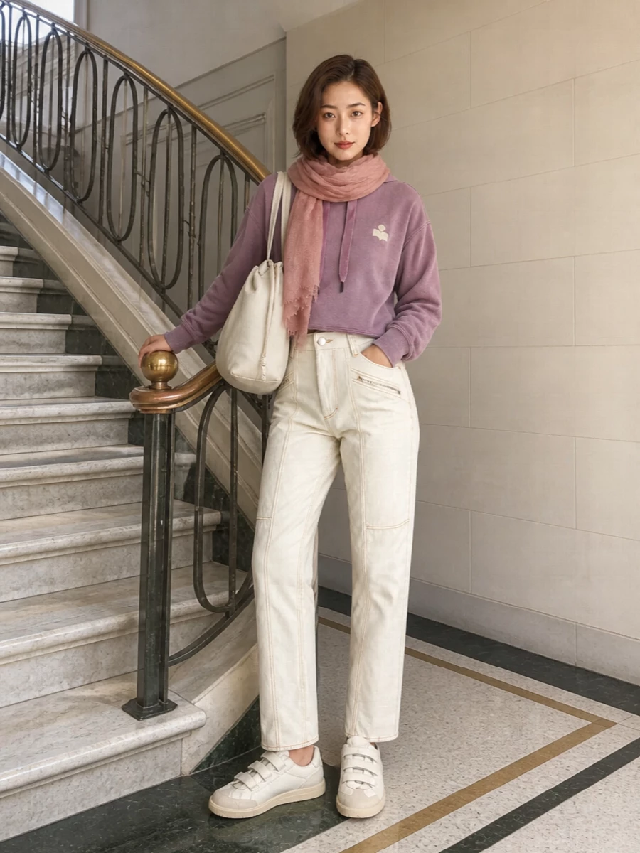 Isabel marant hoodie cream utility trousers outfit